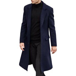 Men's Dark Blue Slim Fit Casual Trench Coat Notched Collar Pea Coat with Pockets